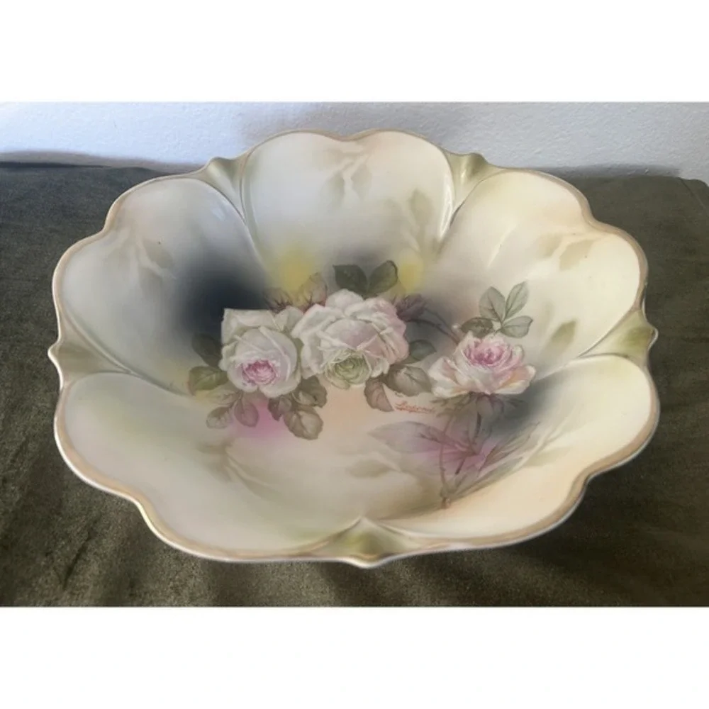 Vintage German Made‎ Artist Signed Serving Bowl Hand Painted By Rocheval Gold